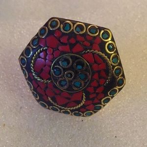 Boho brass inlay turquoise coral ring